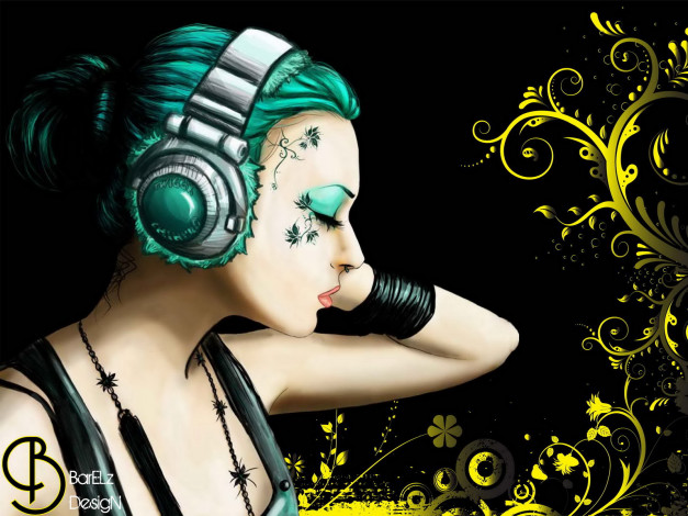 Обои картинки фото рисованные, люди, цветы, девушка, наушники