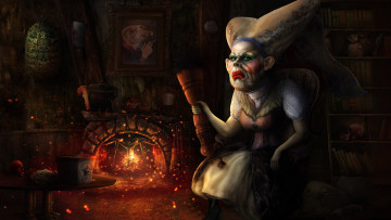 Картинка фэнтези девушки книги картина камин шкаф