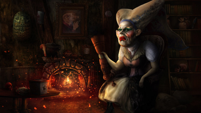 Обои картинки фото фэнтези, девушки, книги, картина, камин, шкаф