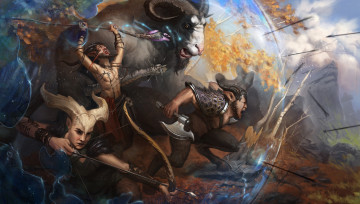 Картинка фэнтези существа лучница фавн рога магия лук стрелы щит посох