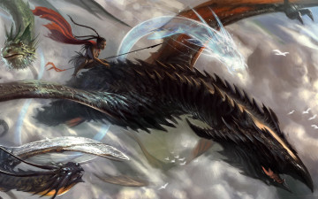 Картинка фэнтези красавицы+и+чудовища дракон гонка погоня девушка наездник копье небо облака