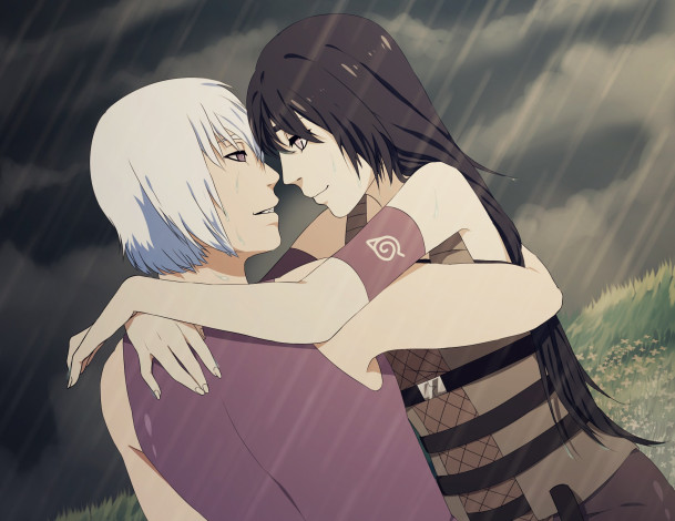 Обои картинки фото разное, арты, девушка, парень, арт, аниме, дождь, наруто, суйгетцу