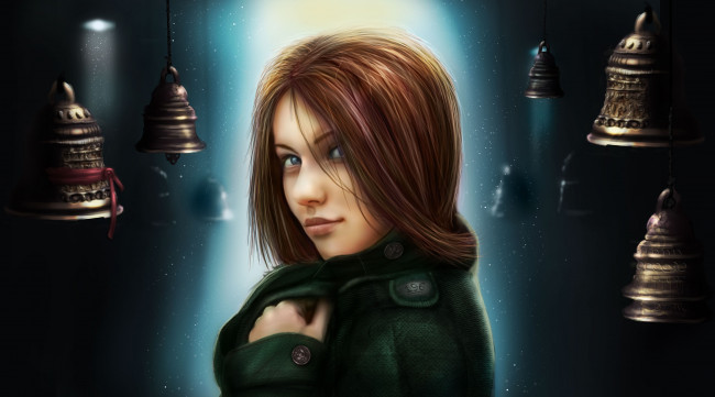 Обои картинки фото рисованное, люди, колокольчики, арт, девушка, свет, висят, лента