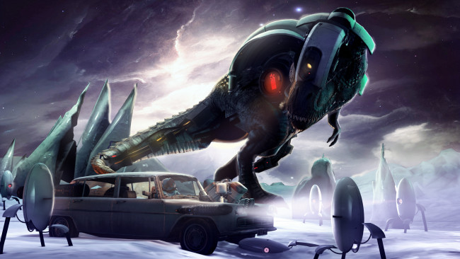 Обои картинки фото фэнтези, роботы,  киборги,  механизмы, t-rex, tyrannosaurus, rex, portal, fan, art, динозавр, машина, космонавт