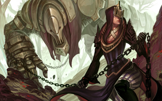 Обои картинки фото фэнтези, красавицы и чудовища, art, woman, девушка, girl, fantasy, рисунок, арт, by, somnicide, маска, раб, slave, питомец, pet, монстр, monster, жрица, priestess, женщина, female, mask, цепь, chain