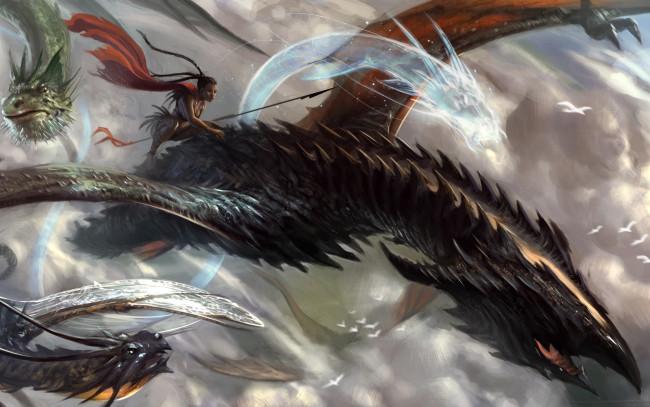 Обои картинки фото фэнтези, красавицы и чудовища, дракон, гонка, погоня, девушка, наездник, копье, небо, облака