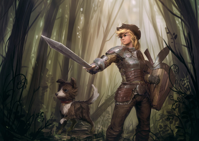 Обои картинки фото фэнтези, девушки, вайнона, girl, dog, рыцарь, by, assasinmonkey, winona, эпплджек, applejack, щит, меч, доспехи, armor, knight, лес, wood, forest, бордер-колли, fantasy, fanart, фанарт, border, collie, собака, девушка, рисунок, арт, my, little, pony