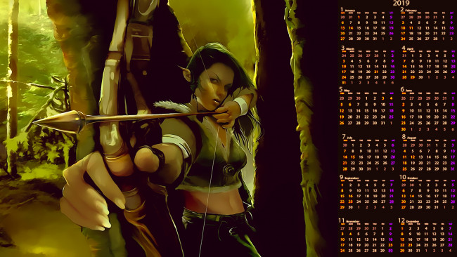 Обои картинки фото календари, фэнтези, лук, стрела, девушка