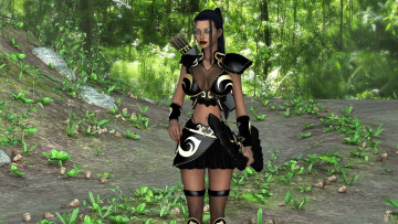 обоя 3д графика, амазонки , amazon, девушка, фон, взгляд, лес, униформа, лук, стрелы