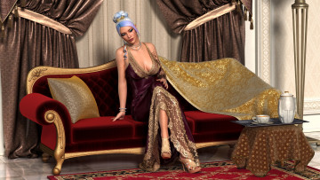 Картинка 3д+графика люди+ people девушка фон диван платье