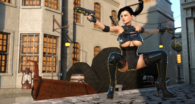 Обои картинки фото 3д графика, фантазия , fantasy, девушка, фон, униформа, пистолет