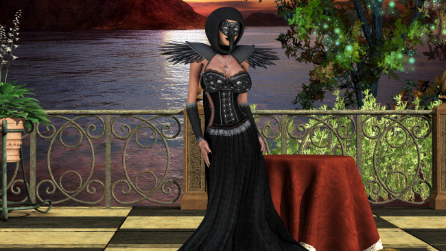 Обои картинки фото 3д графика, фантазия , fantasy, девушка, фон, озеро, маска, платье