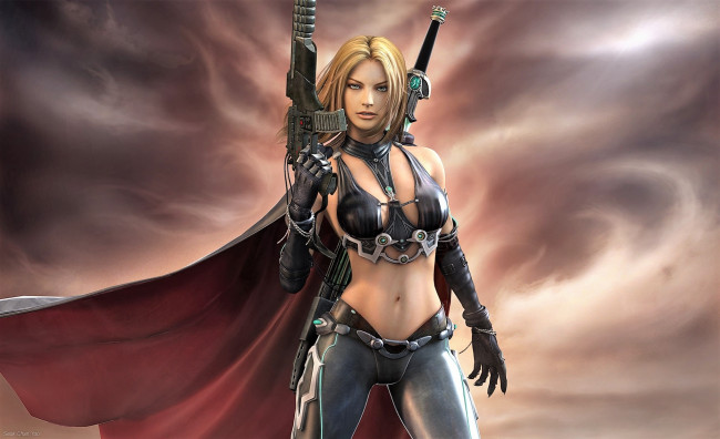 Обои картинки фото фэнтези, девушки, девушка, оружие, плащ