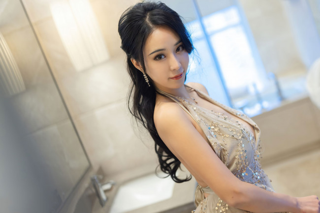 Обои картинки фото девушки, - азиатки, азиатка, платье, взгляд