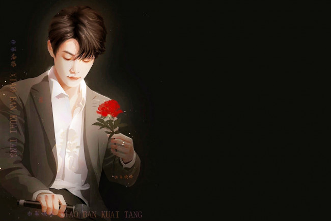 Обои картинки фото рисованное, люди, сяо, чжань, пиджак, микрофон, роза