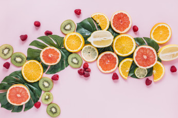 Картинка еда фрукты +ягоды киви апельсин грейпфрут малина