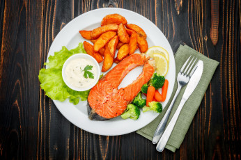 Картинка еда рыбные+блюда +с+морепродуктами соус форель брокколи лимон