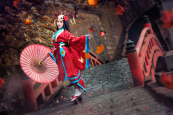 обоя девушки, - азиатки, образ, костюм, наряд, косплей, зонт, мост, осень