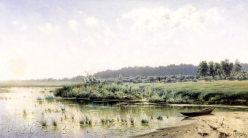 обоя рисованное, константин крыжицкий, озеро, лодка, берега, трава, деревья, кусты