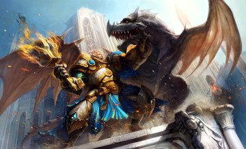 обоя видео игры, ether saga online, воин, броня, молот, огонь, дракон, замок