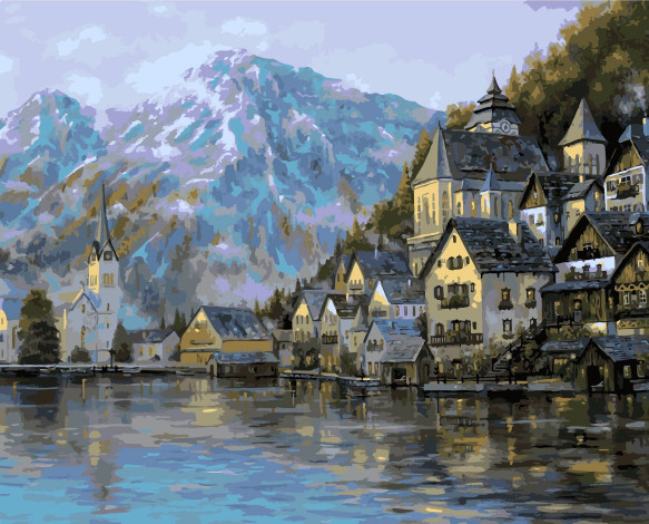 Обои картинки фото рисованное, robert finale, горы, лес, осень, дома, озеро