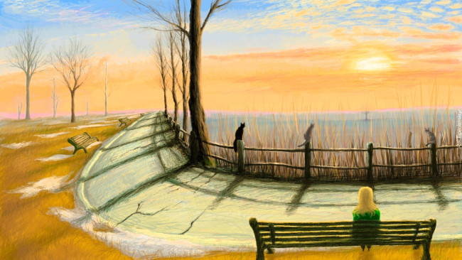 Обои картинки фото рисованное, люди, рассвет, море, деревья, забор, кошки, дорожка, скамейки, девушка