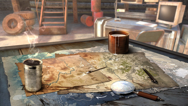 Обои картинки фото видео игры, crossout, карты, лупа, кисть, краска, стол, компьютер, сарай, шины, лестница