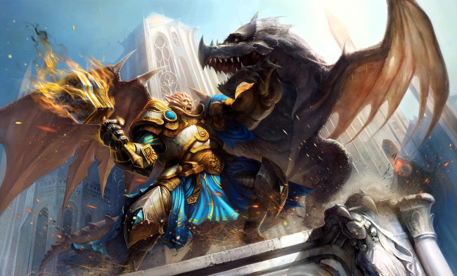 Обои картинки фото видео игры, ether saga online, воин, броня, молот, огонь, дракон, замок