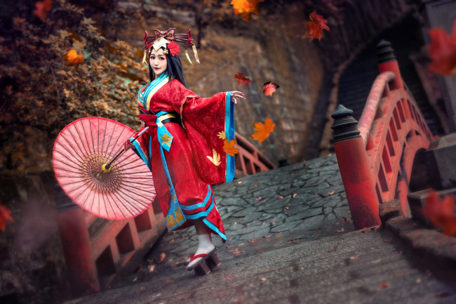 Обои картинки фото девушки, - азиатки, образ, костюм, наряд, косплей, зонт, мост, осень