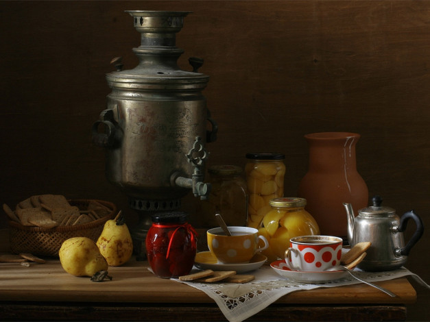 Обои картинки фото ира, быкова, большой, натюрморт, самоваром, еда