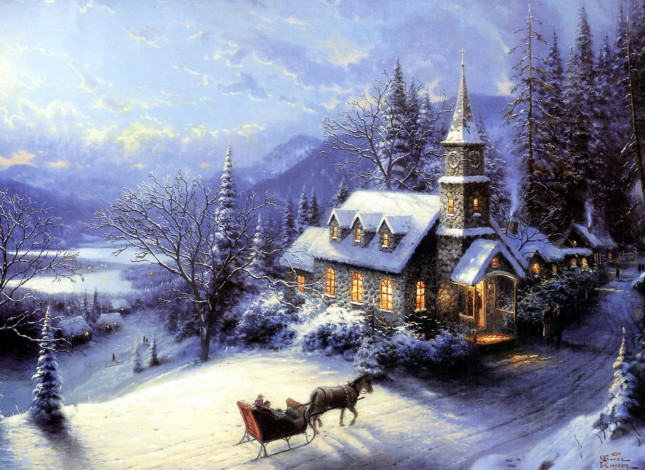 Обои картинки фото thomas, kinkade, рисованные, церковь, зима, сани