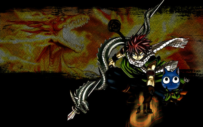 Обои картинки фото аниме, fairy, tail, синий, кот, нацу, natsu, хеппи, дракон