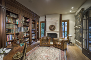 Картинка интерьер кабинет +библиотека +офис кресла шкафы камин