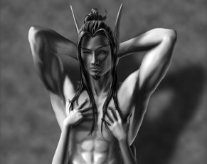 Картинка фэнтези эльфы эльф парень серый руки мускулы торс фон