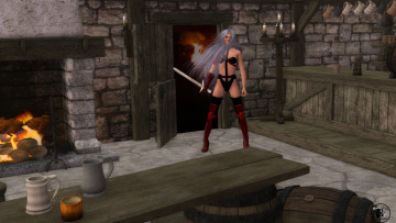 обоя 3д графика, фантазия , fantasy, кувшины, бочка, стол, камин, свечи, меч, взгляд, девушка