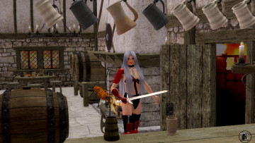 Картинка 3д+графика фантазия+ fantasy стол меч взгляд девушка свечи кувшины бочка камин