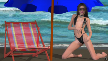 обоя 3д графика, люди , people, бикини, море, зонтик, улыбка, фон, взгляд, девушка