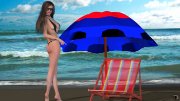 обоя 3д графика, люди , people, бикини, море, зонтик, улыбка, фон, взгляд, девушка
