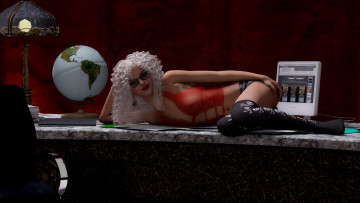 Картинка 3д+графика люди+ people чулки светильник стол ноутбук глобус фон взгляд девушка улыбка блондинка