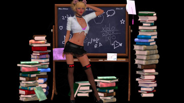 Картинка 3д+графика люди+ people девушка доска книги фон взгляд