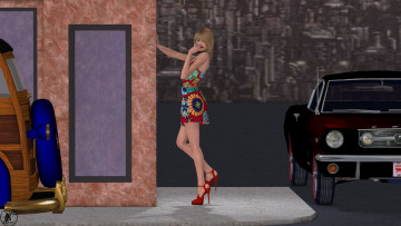 Картинка 3д+графика люди+ people платье фон автомобили взгляд девушка