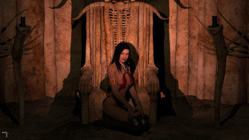 обоя 3д графика, люди , people, тень, сапоги, кресло, улыбка, бикини, фон, девушка, взгляд