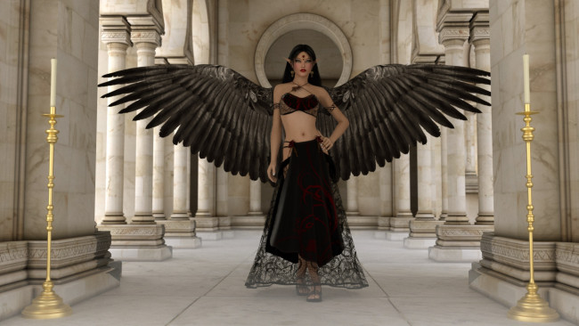 Обои картинки фото 3д графика, ангел , angel, свечи, крылья, ангел, эльфийка, колоны, замок, фон, взгляд