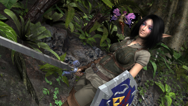 Обои картинки фото 3д графика, эльфы , elves, эльфийка, меч, взгляд, лес, щит