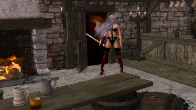 Обои картинки фото 3д графика, фантазия , fantasy, кувшины, бочка, стол, камин, свечи, меч, взгляд, девушка