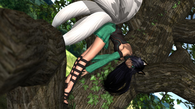 Обои картинки фото 3д графика, фантазия , fantasy, лиса, деревья, взгляд, девушка