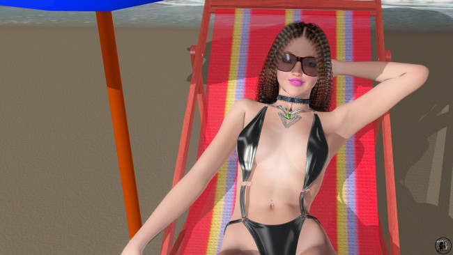 Обои картинки фото 3д графика, люди , people, бикини, море, зонтик, улыбка, фон, взгляд, девушка