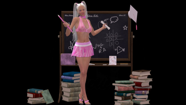 Обои картинки фото 3д графика, люди , people, девушка, улыбка, юбка, блондинка, фон, взгляд, доска, книги