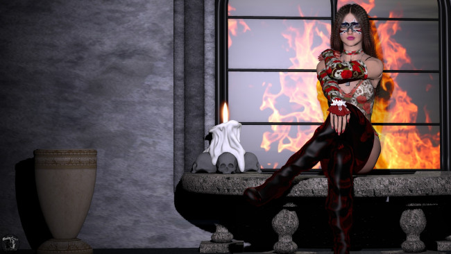 Обои картинки фото 3д графика, люди , people, девушка, взгляд, фон, черепа, окно, свеча, очки