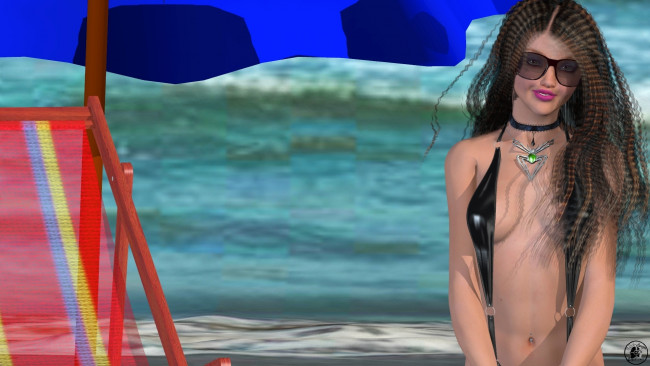 Обои картинки фото 3д графика, люди , people, море, зонтик, улыбка, девушка, взгляд, фон, бикини